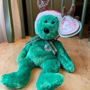 Ty Beanie Babies Green Reindeer— 2002 Holiday Teddy